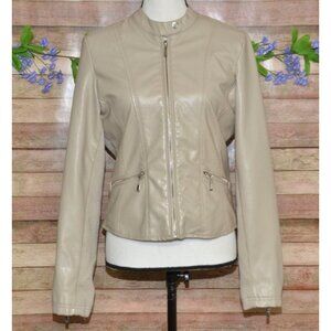 Therapy Faux Leather Moto Jacket Tan Stretch Panels Women’s Size S Zip Pockets